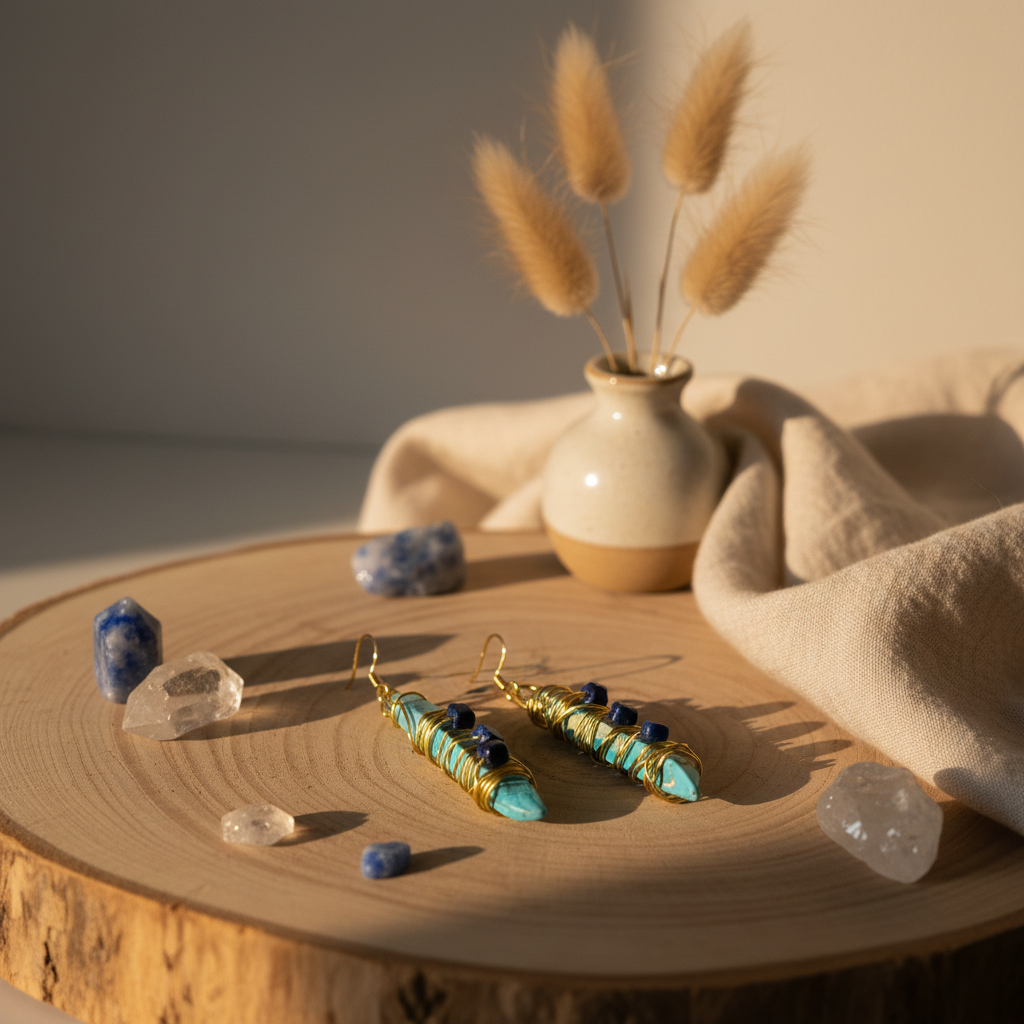 Turquoise Lapis Lazuli Wire Wrapped Earrings - 24K Gold Plated