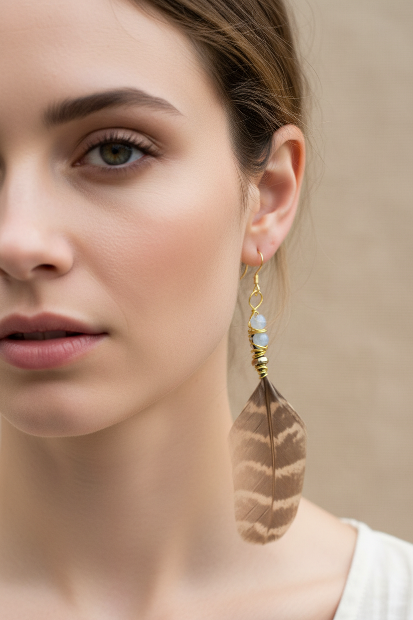 Opalite Feather Earrings 14K Gold Plated - Lightweight Bohemian Jewelry