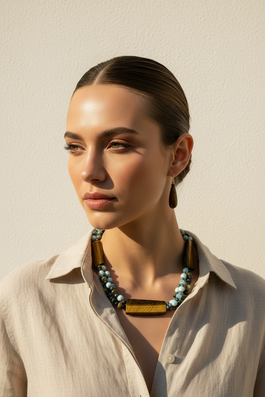 Tigers Eye Aventurine Opalite Lapis Larimar Paradise Necklace - One of a Kind