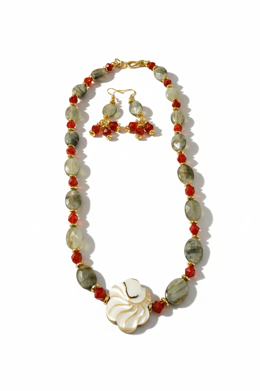 Autumn Harmony - Carnelian Eagle's Eye Hematite Seashell Copper 24K Gold Necklace Set - One of a Kind