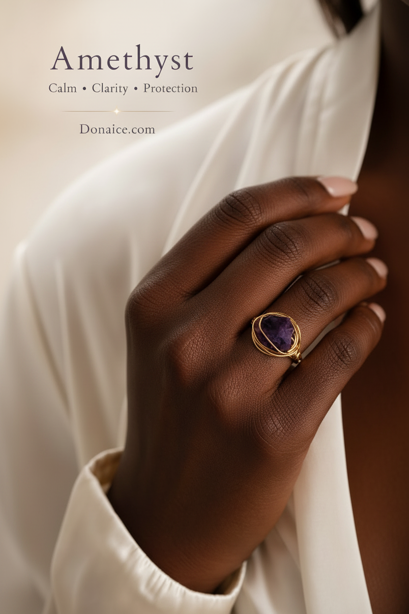 Amethyst Wire-Wrapped Gold Ring — Calm, Clarity & Protection | Handcrafted Gemstone Ring (Size 7)