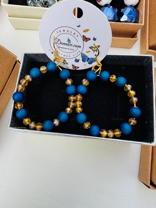 Blue & Yellow Quartz Earrings - Handcrafted Crystal Hoop Earrings