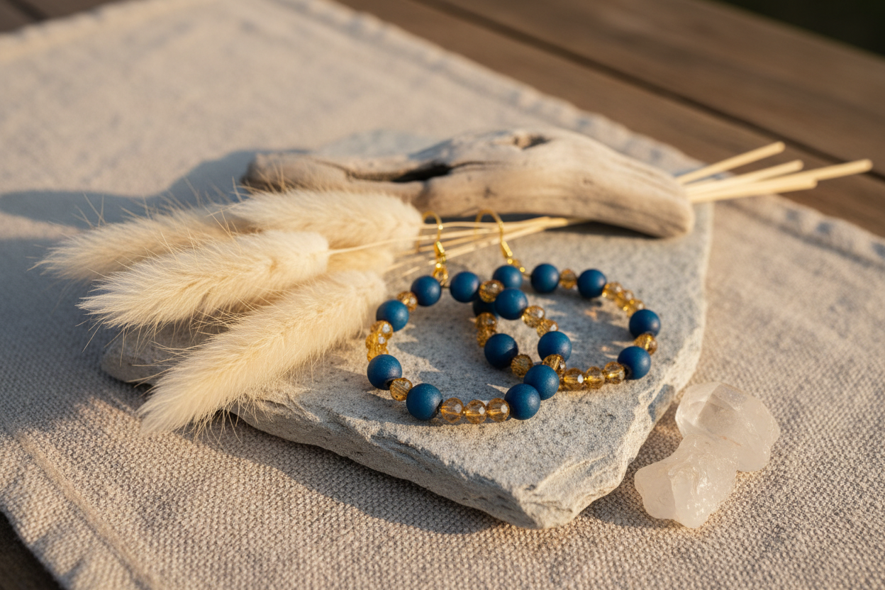Blue & Yellow Quartz Earrings - Handcrafted Crystal Hoop Earrings