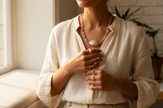 22 Inch Tourmaline Lapis Lazuli Seashell Necklace Earring Set - One of a Kind Bohemian Jewelry