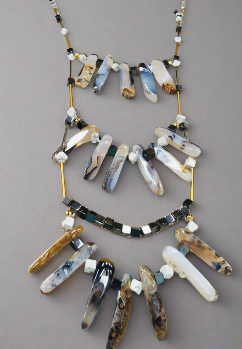 Botswana Agate Wood Howlite Hematite Necklace - 28-34 Inches