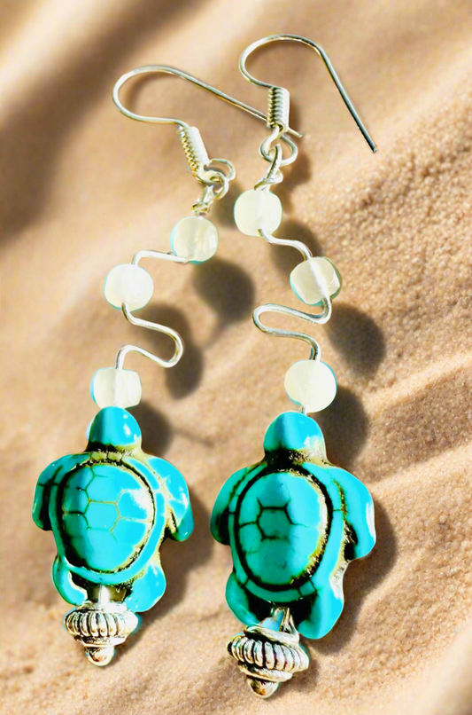 Opalite Turquoise Turtle Earrings - Sterling Silver Dipped Copper