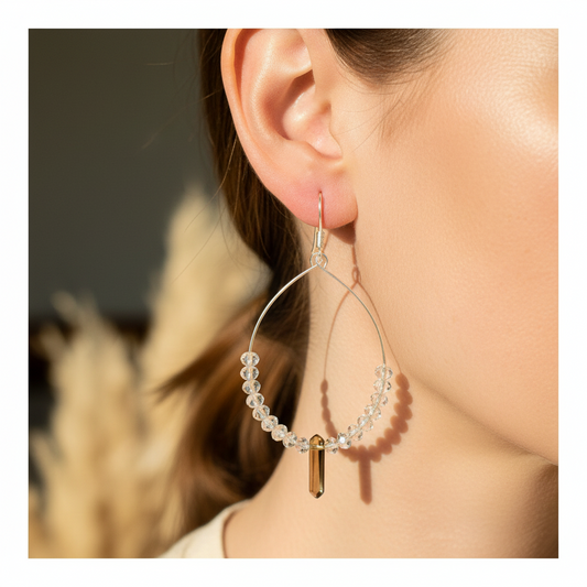 Smokey Quartz Crystal Hoop Earrings - Sterling Silver Hypoallergenic