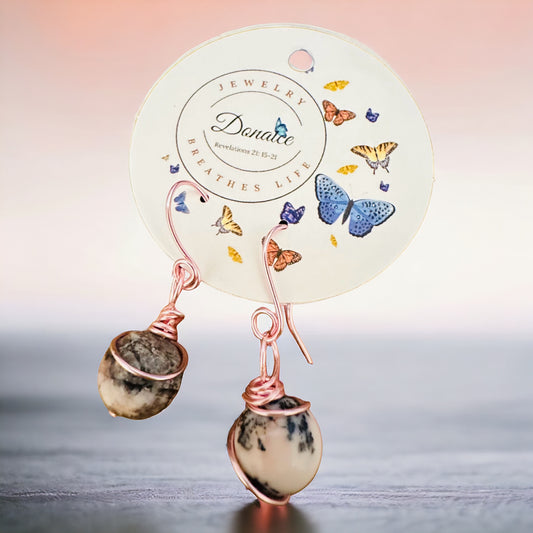 Pink African Opal Dangle Earrings - Rose Gold Plated Copper