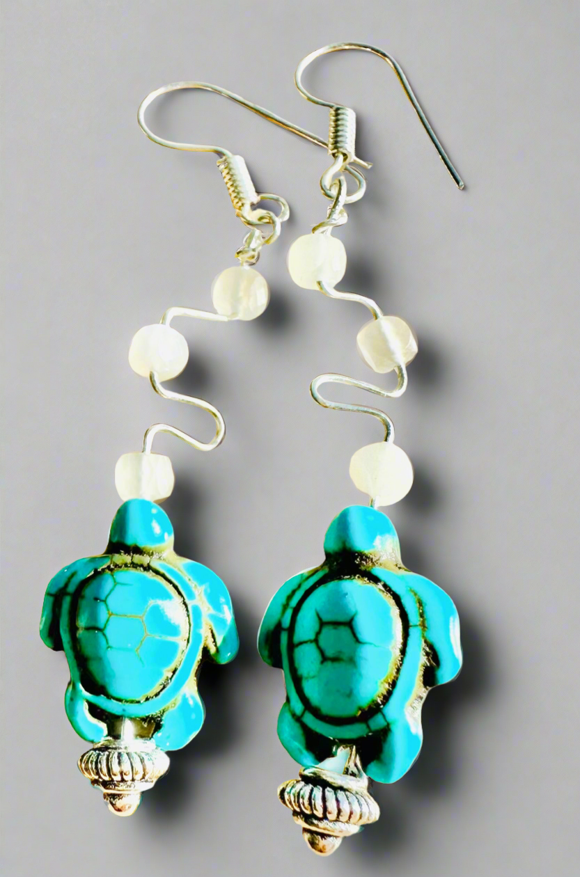 Opalite Turquoise Turtle Earrings - Sterling Silver Dipped Copper