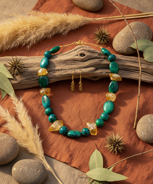 Chrysocolla & Yellow Quartz Necklace Set - One of a Kind