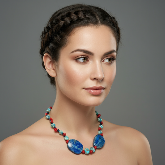 Coral Turquoise Lapis Lazuli Necklace - Sterling Silver Adjustable