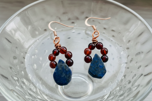 Lapis Lazuli & Orange Garnet Copper Wire Wrapped Earrings - One of a Kind Bohemian Gemstone Jewelry