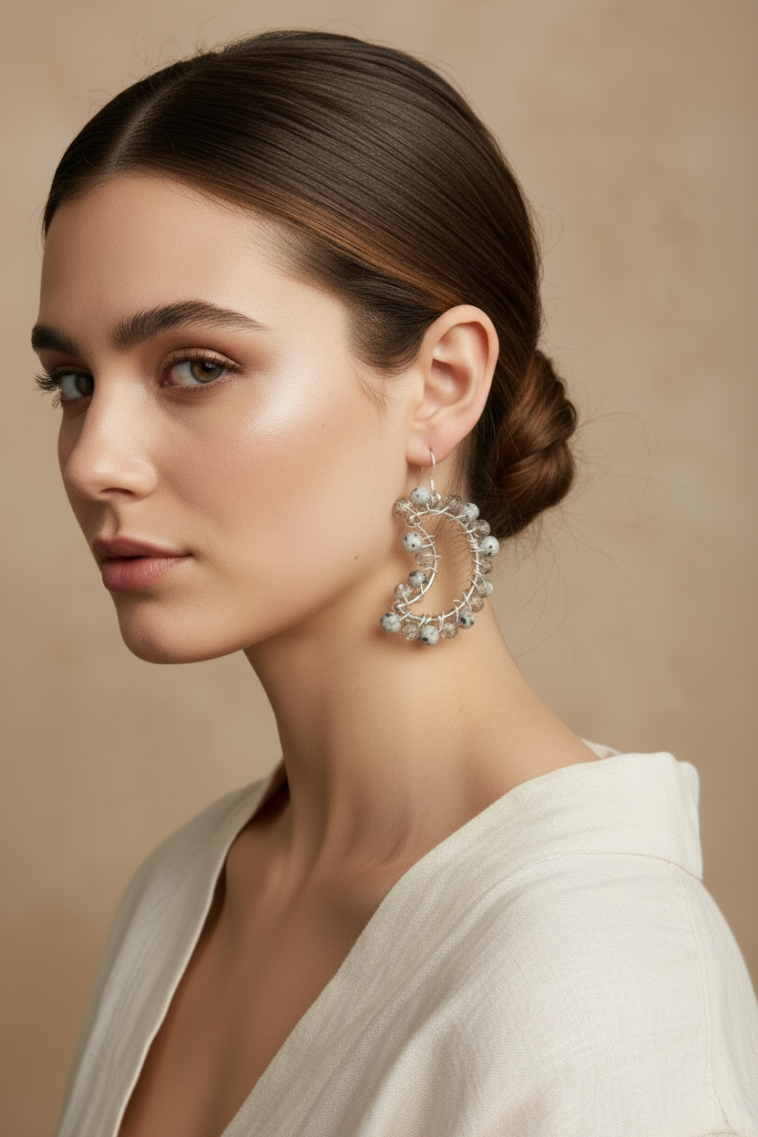 Dalmatian Jasper Moon Earrings - Wire Wrapped Hypoallergenic One of a Kind