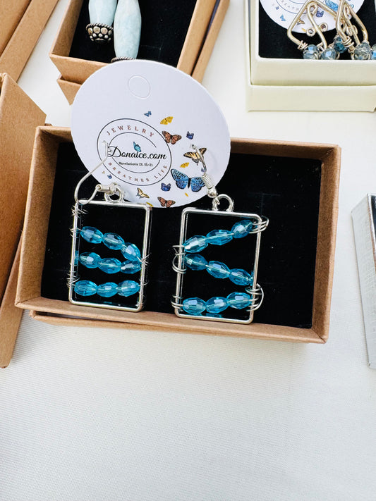 Wire Wrapped Aqua Blue Crystal Earrings - Hypoallergenic Rectangle Dangles