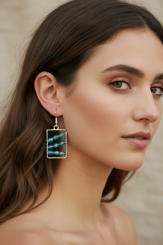 Wire Wrapped Aqua Blue Crystal Earrings - Hypoallergenic Rectangle Dangles