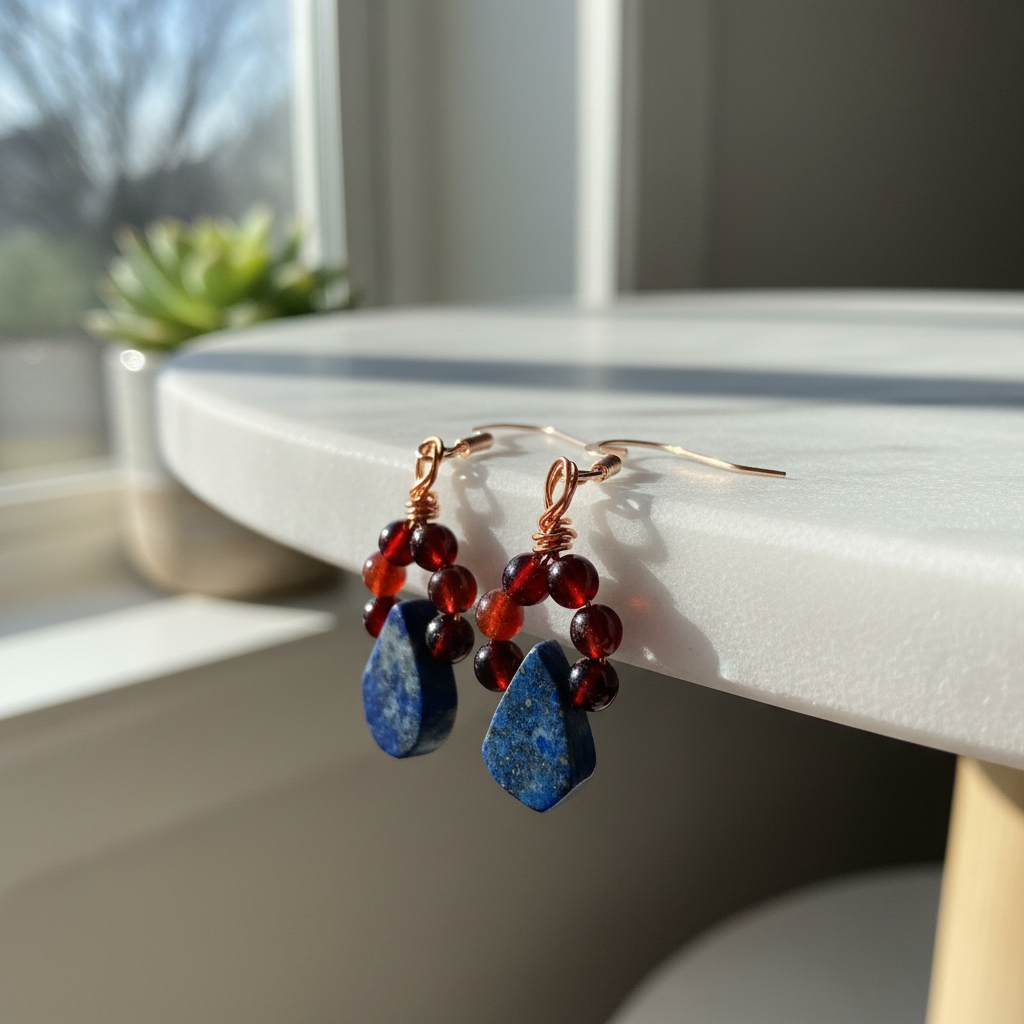 Lapis Lazuli & Orange Garnet Copper Wire Wrapped Earrings - One of a Kind Bohemian Gemstone Jewelry