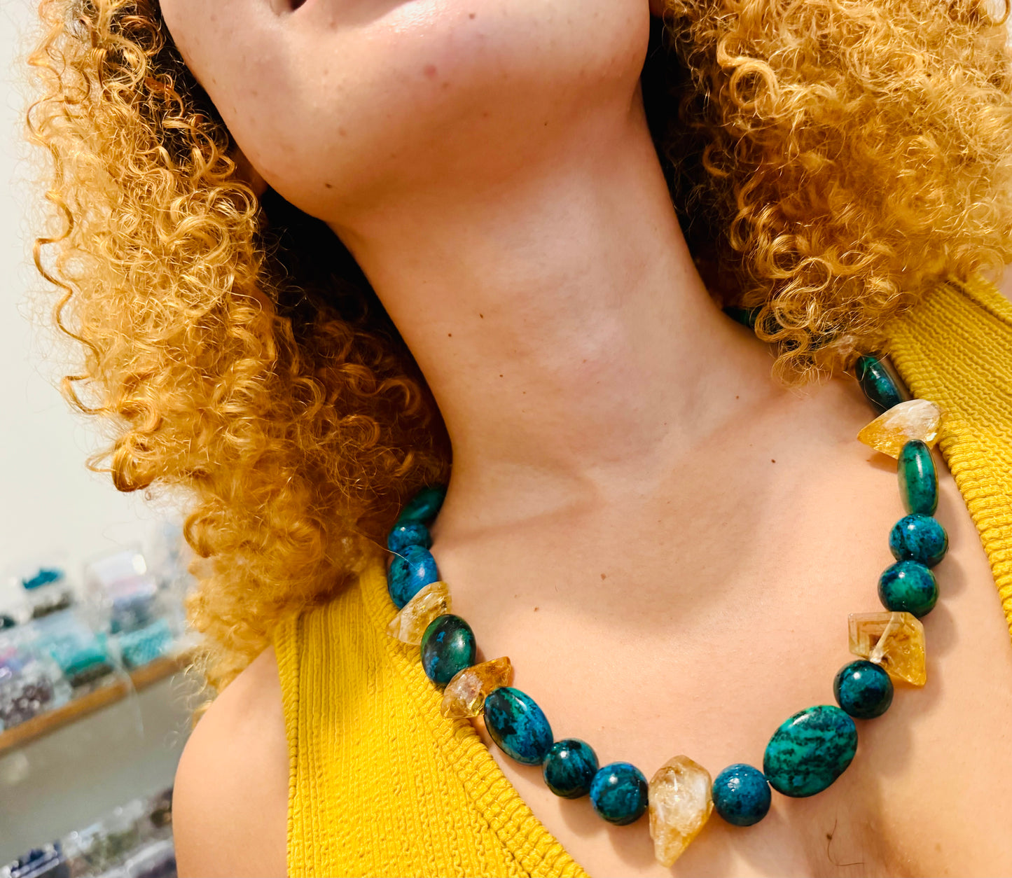 Chrysocolla & Yellow Quartz Necklace Set - One of a Kind