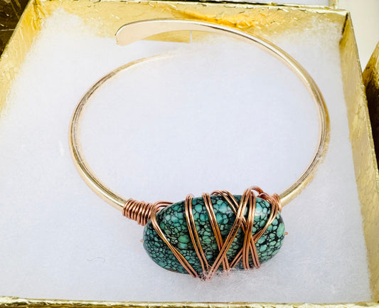 Turquoise Bracelet - Gold Plated Stainless Steel Wire Wrapped