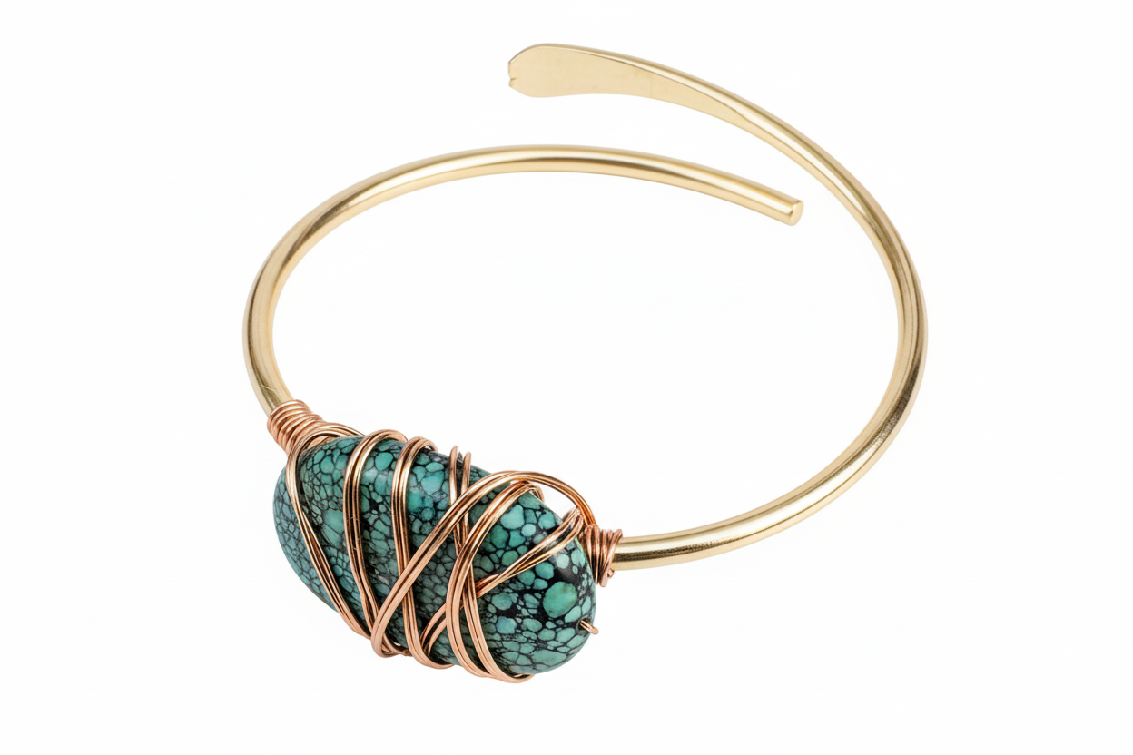 Turquoise Bracelet - Gold Plated Stainless Steel Wire Wrapped