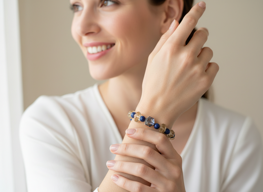 Lapis Lazuli Lemon Quartz Bracelet - Blue Yellow Silver Stretch