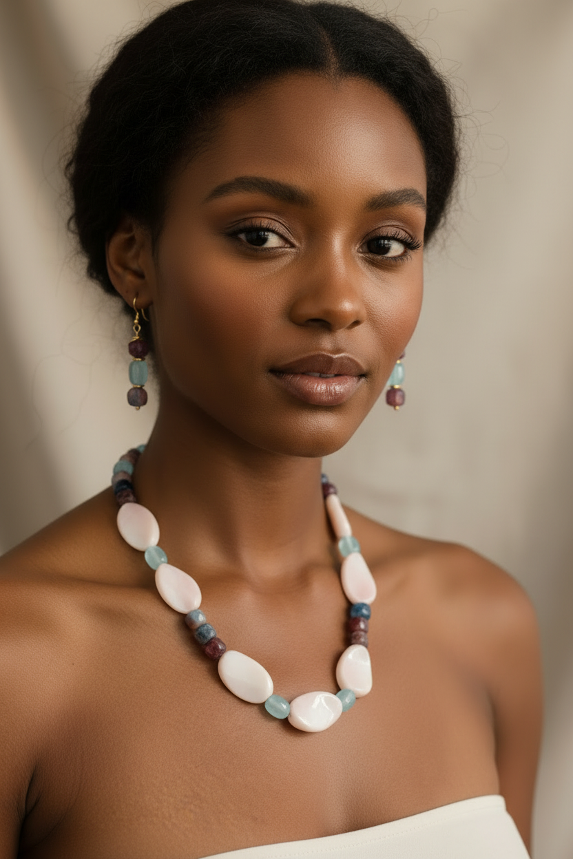 Mother of Pearl Ruby Sodalite Necklace Set - 28" Paradise Line