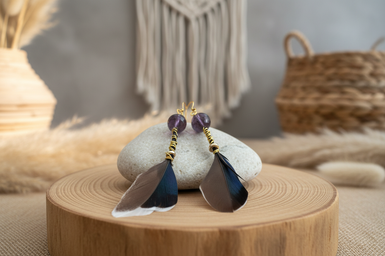 Diamond Cut Amethyst Feather Earrings - Wire Wrapped 14K Gold Plated