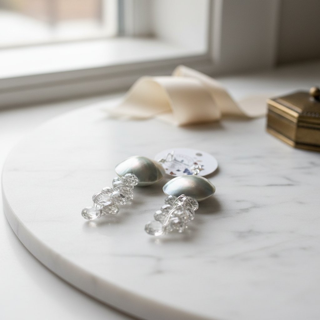 Mother of Pearl Crystal Earrings - Wire Wrapped Silver Plated Copper