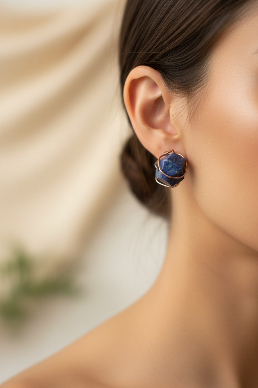 Chrysocolla Stud Earrings - Copper Wire Wrapped Gemstone Jewelry