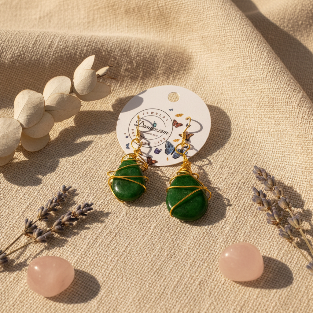 Jade Earrings - Gold Plated Wire Wrapped Gemstone Jewelry