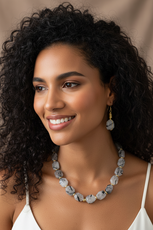 Black & White Rutilated Quartz Necklace - 14K Gold Plated Bohemian