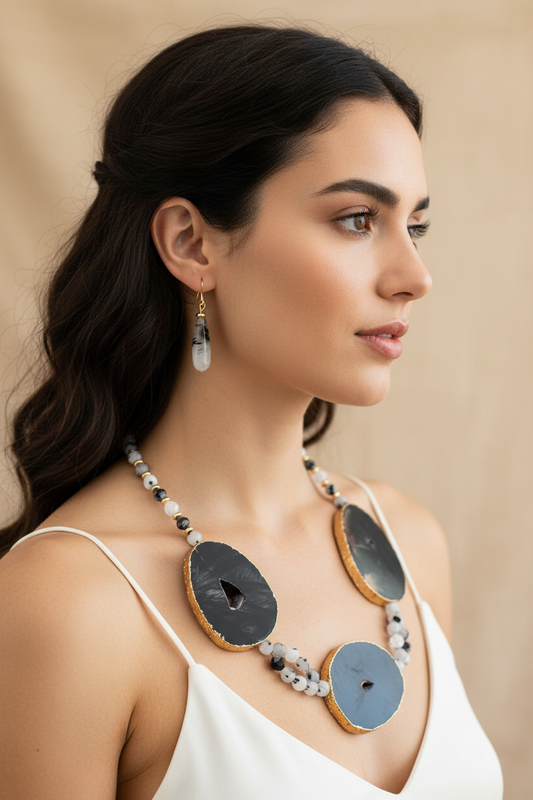 Agate Rutilated Quartz Hematite Necklace & Earring Set - 22" Bohemian