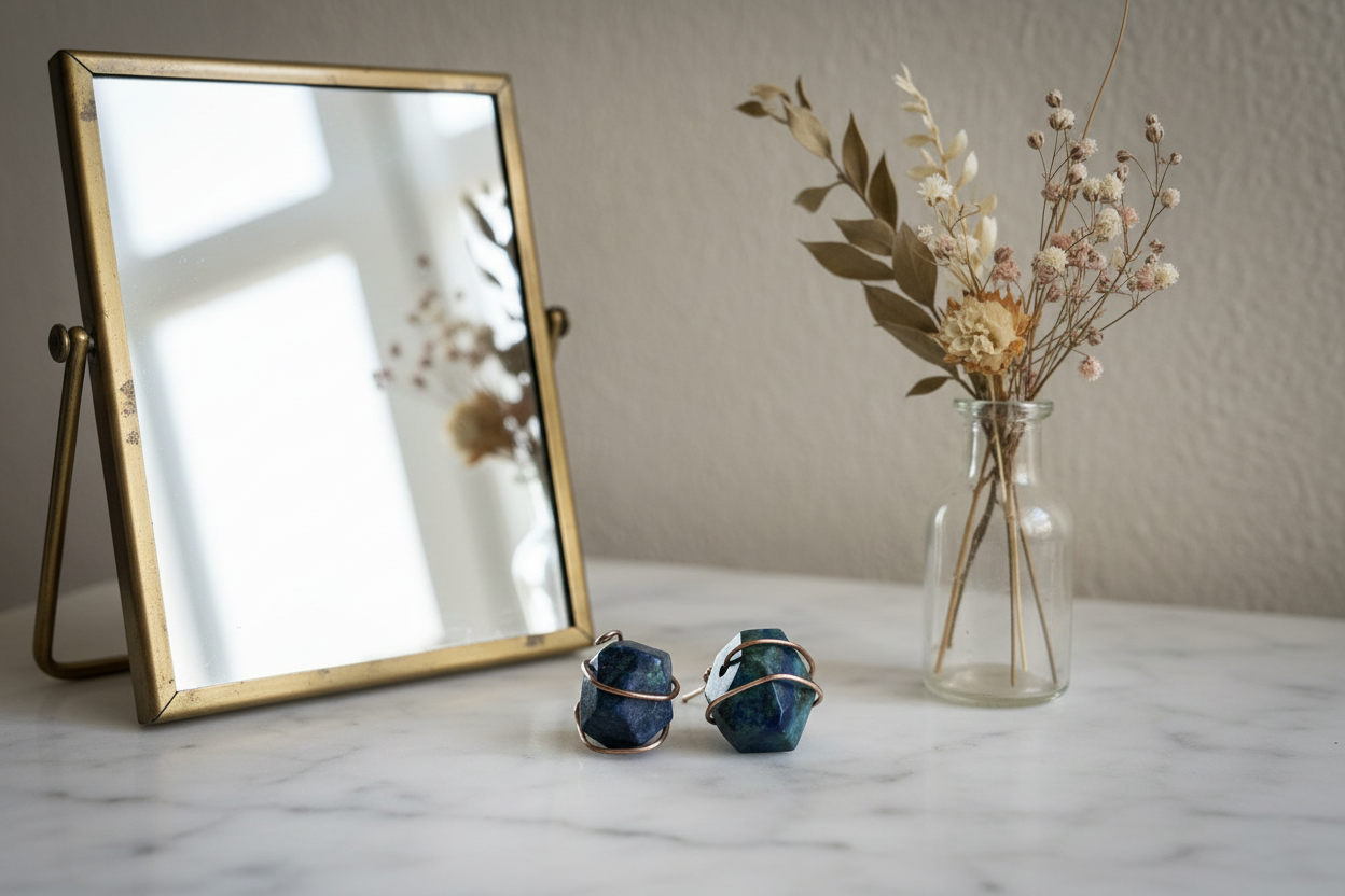 Chrysocolla Stud Earrings – Wire Wrapped Copper | One of a Kind