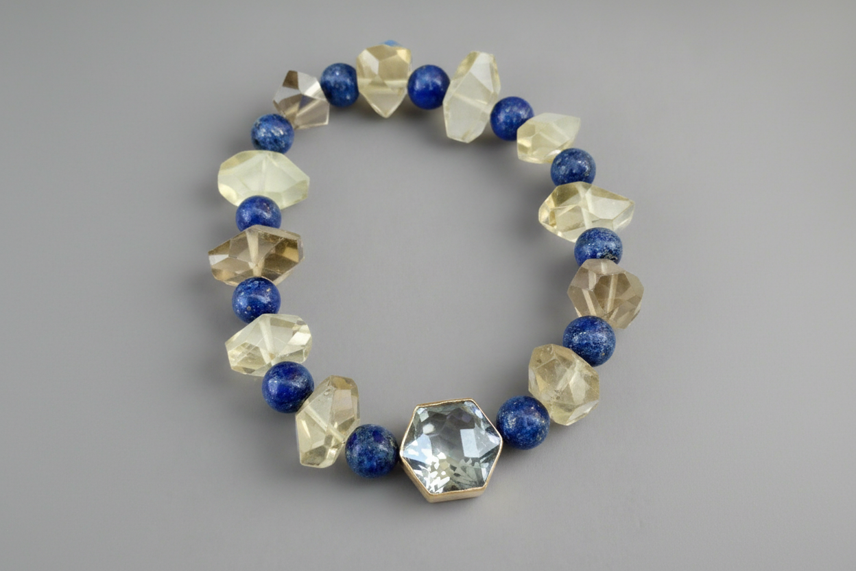 Lapis Lazuli Lemon Quartz Bracelet - Blue Yellow Silver Stretch