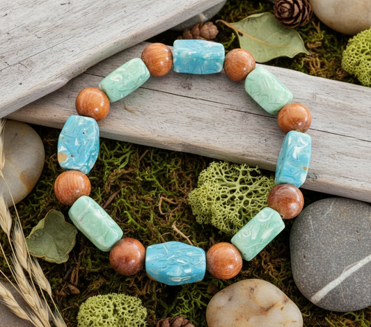 Seashell Resin Wood Bracelet - Blue Green Stretch 7.5-8"