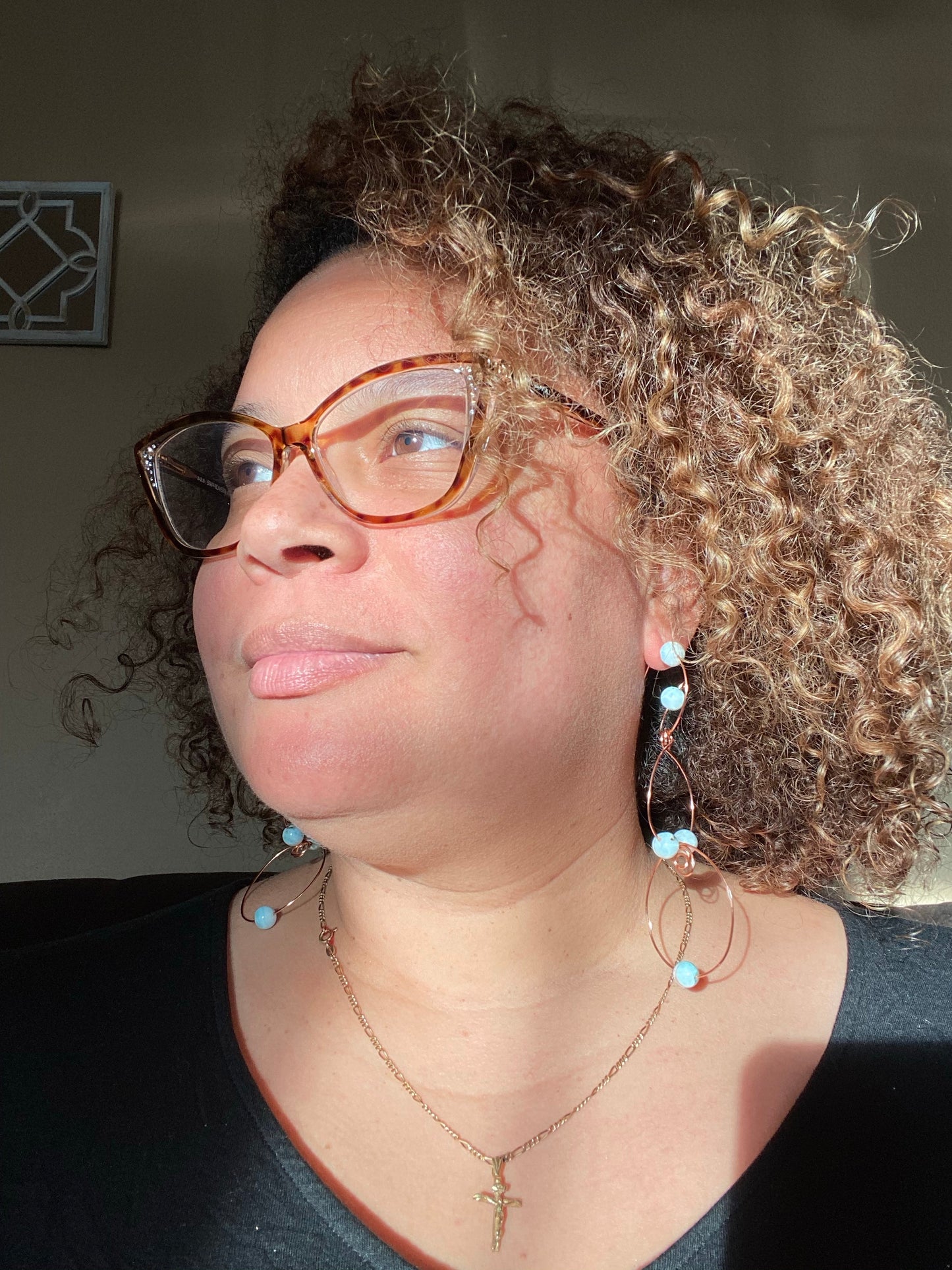 Larimar and Rose gold three hoop earrings.