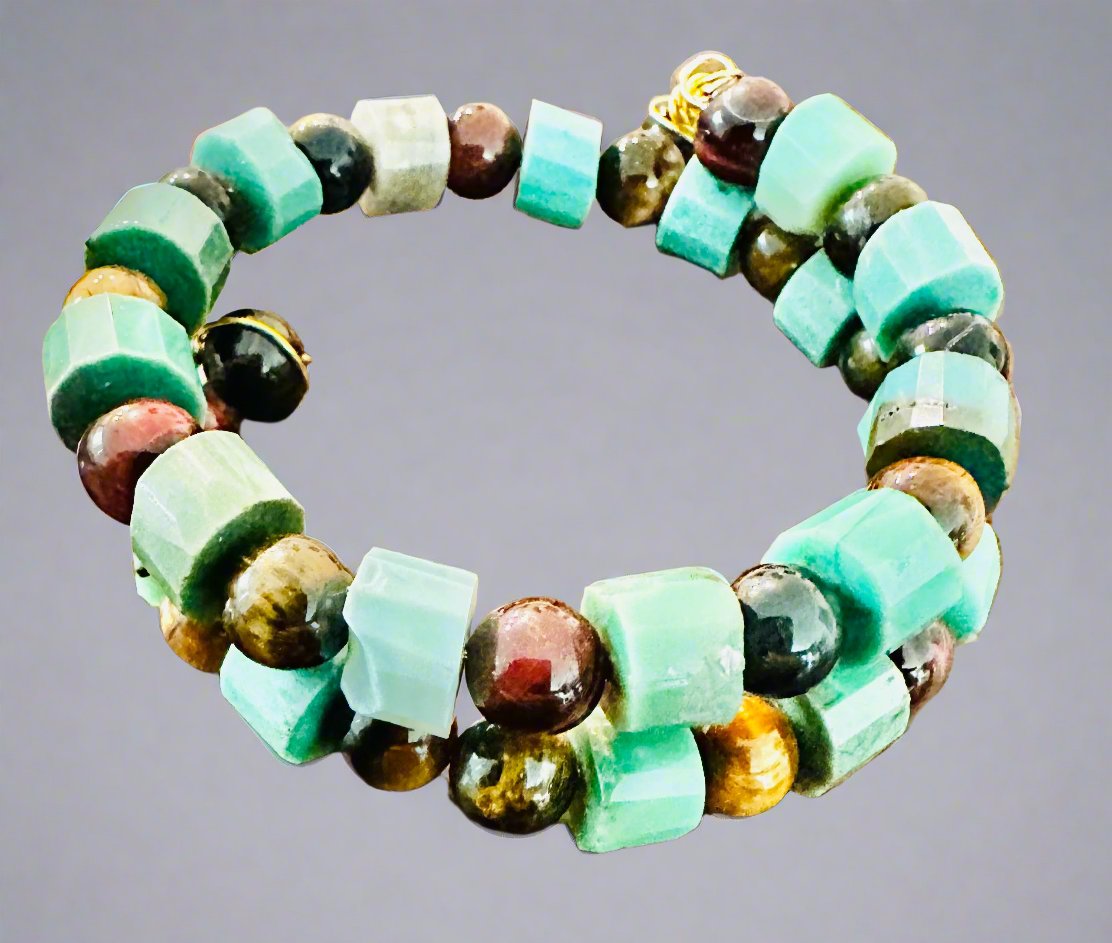Variscite Tiger's Eye Memory Wire Bracelet - Elegant & Luxurious