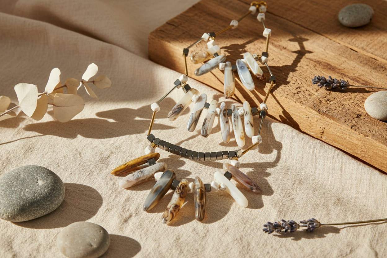 Botswana Agate Wood Howlite Hematite Necklace - 28-34 Inches