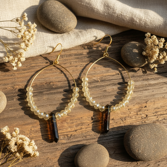 Smokey Quartz Crystal Hoop Earrings - Sterling Silver Hypoallergenic