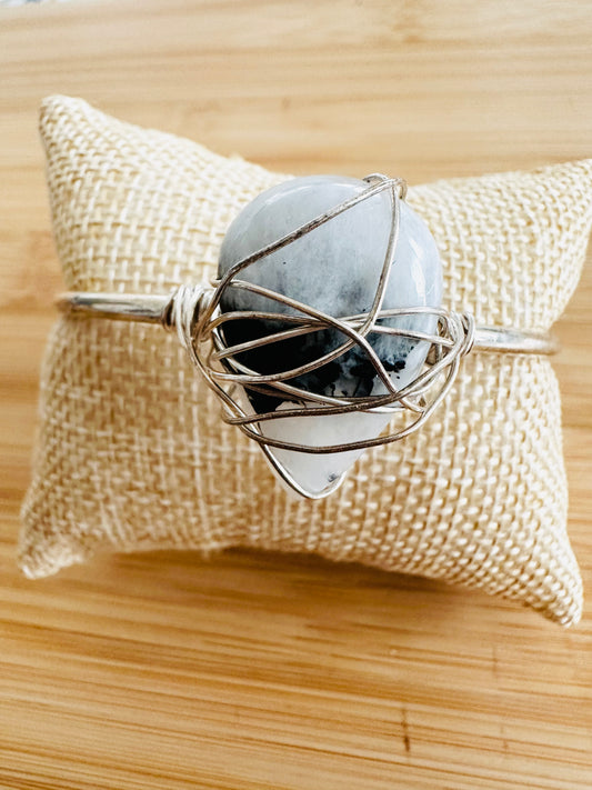 Moonstone Wire Wrapped Bangle - Sterling Silver Bracelet