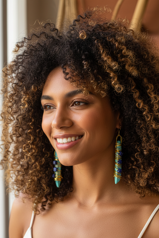 Turquoise Lapis Lazuli Wire Wrapped Earrings - 24K Gold Plated