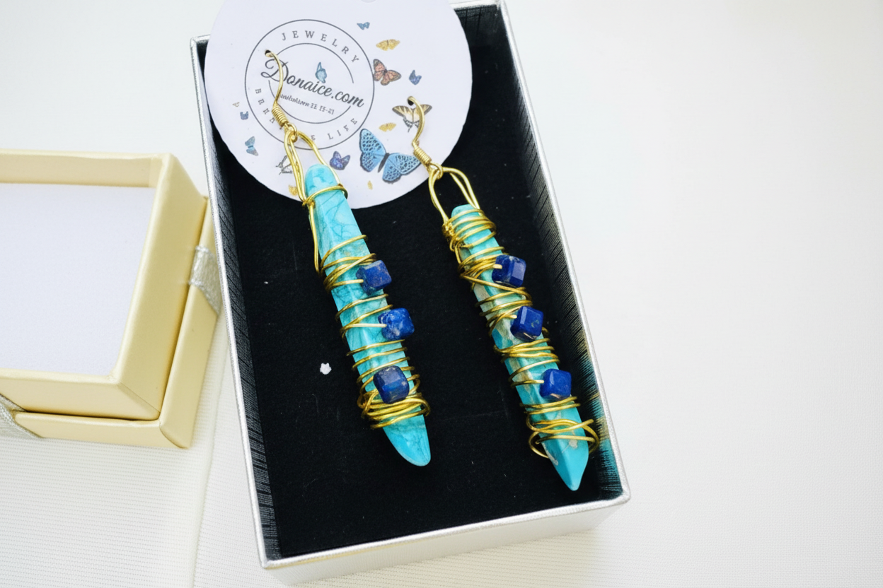Turquoise Lapis Lazuli Wire Wrapped Earrings - 24K Gold Plated