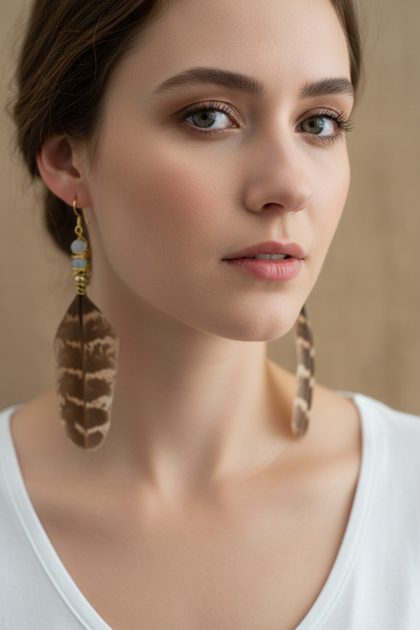 Opalite Feather Earrings 14K Gold Plated - Lightweight Bohemian Jewelry