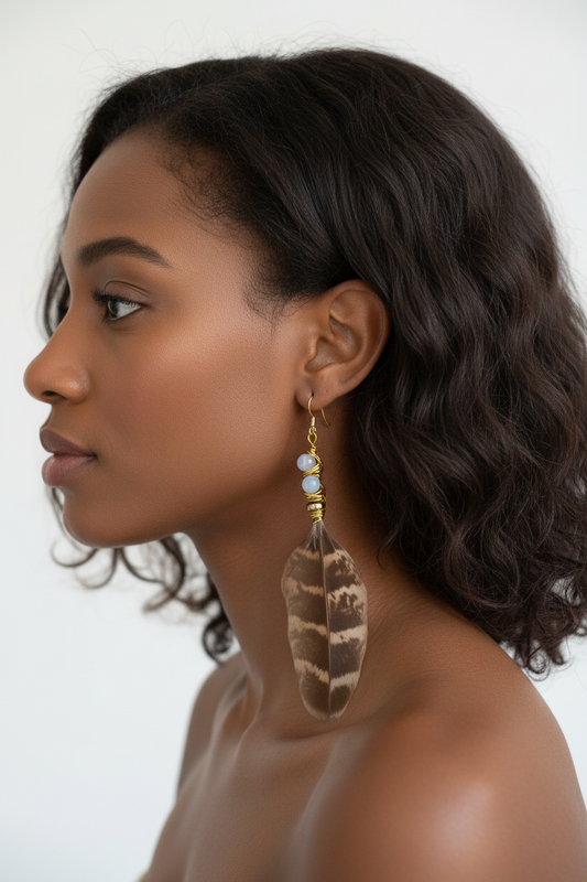 Opalite Feather Earrings 14K Gold Plated - Lightweight Bohemian Jewelry
