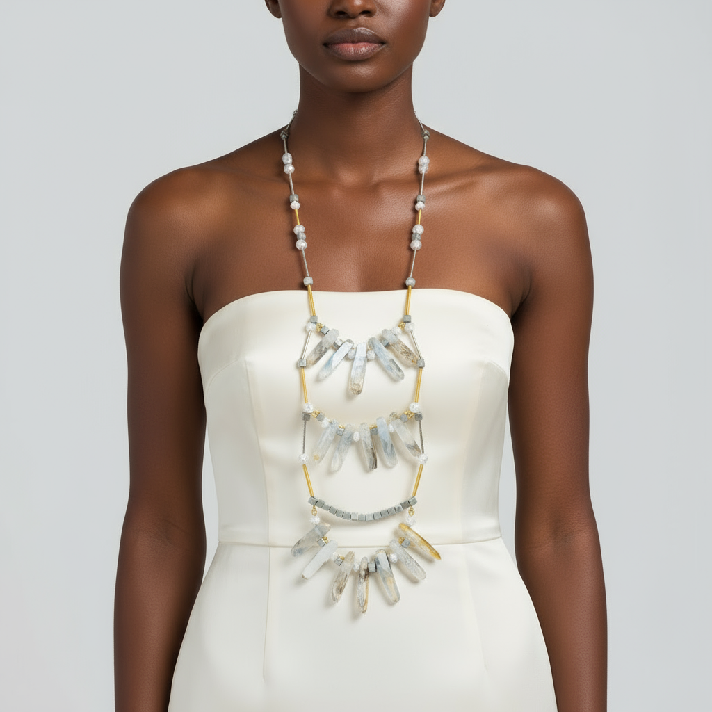 Botswana Agate Wood Howlite Hematite Necklace - 28-34 Inches