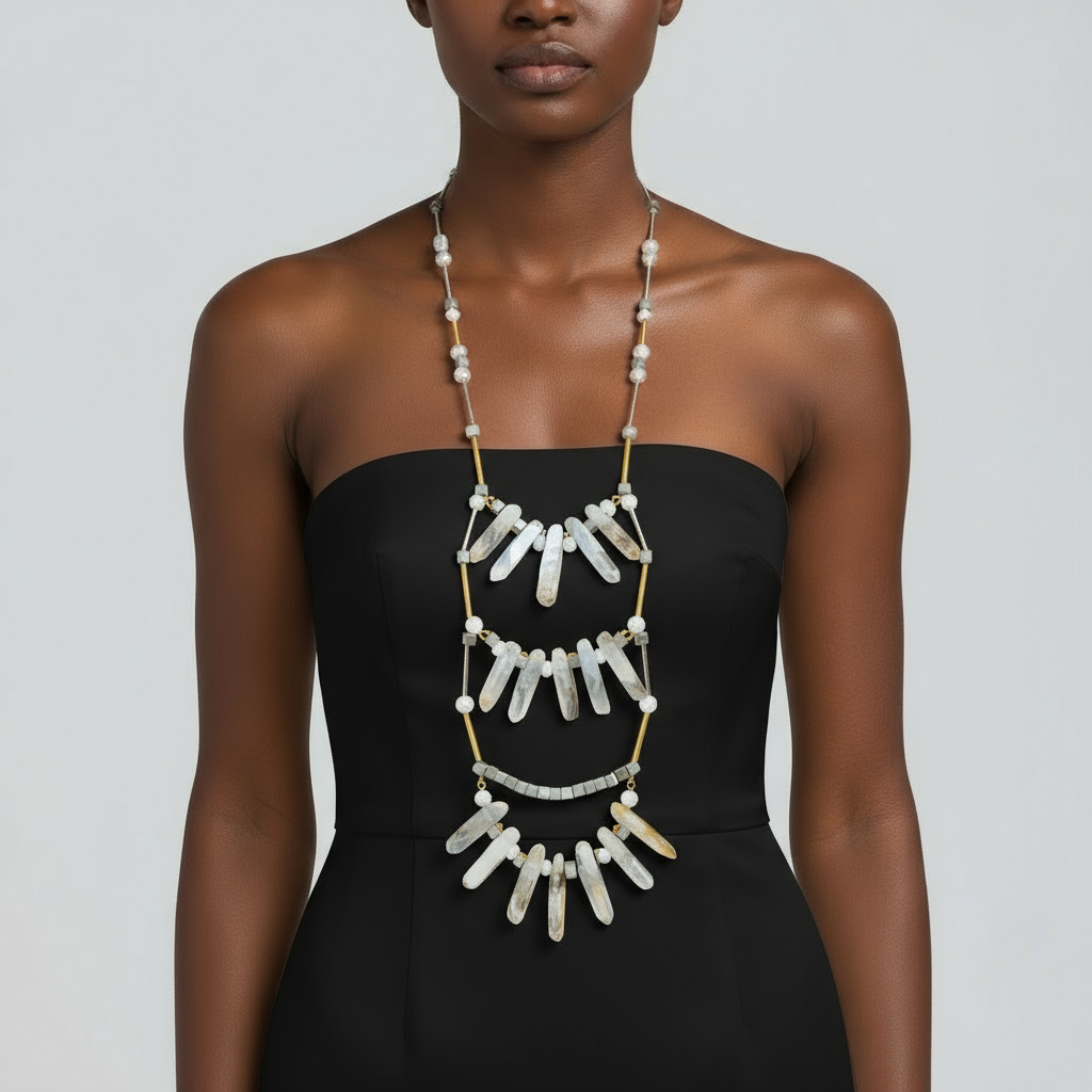 Botswana Agate Wood Howlite Hematite Necklace - 28-34 Inches