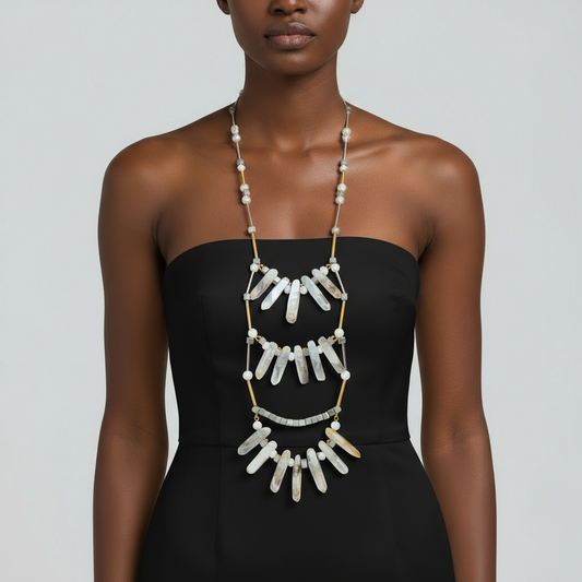 Botswana Agate Wood Howlite Hematite Necklace - 28-34 Inches