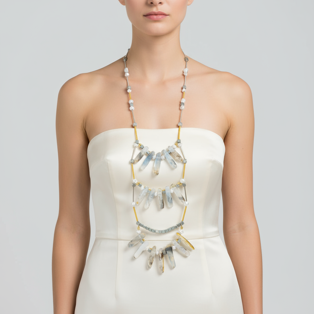 Botswana Agate Wood Howlite Hematite Necklace - 28-34 Inches