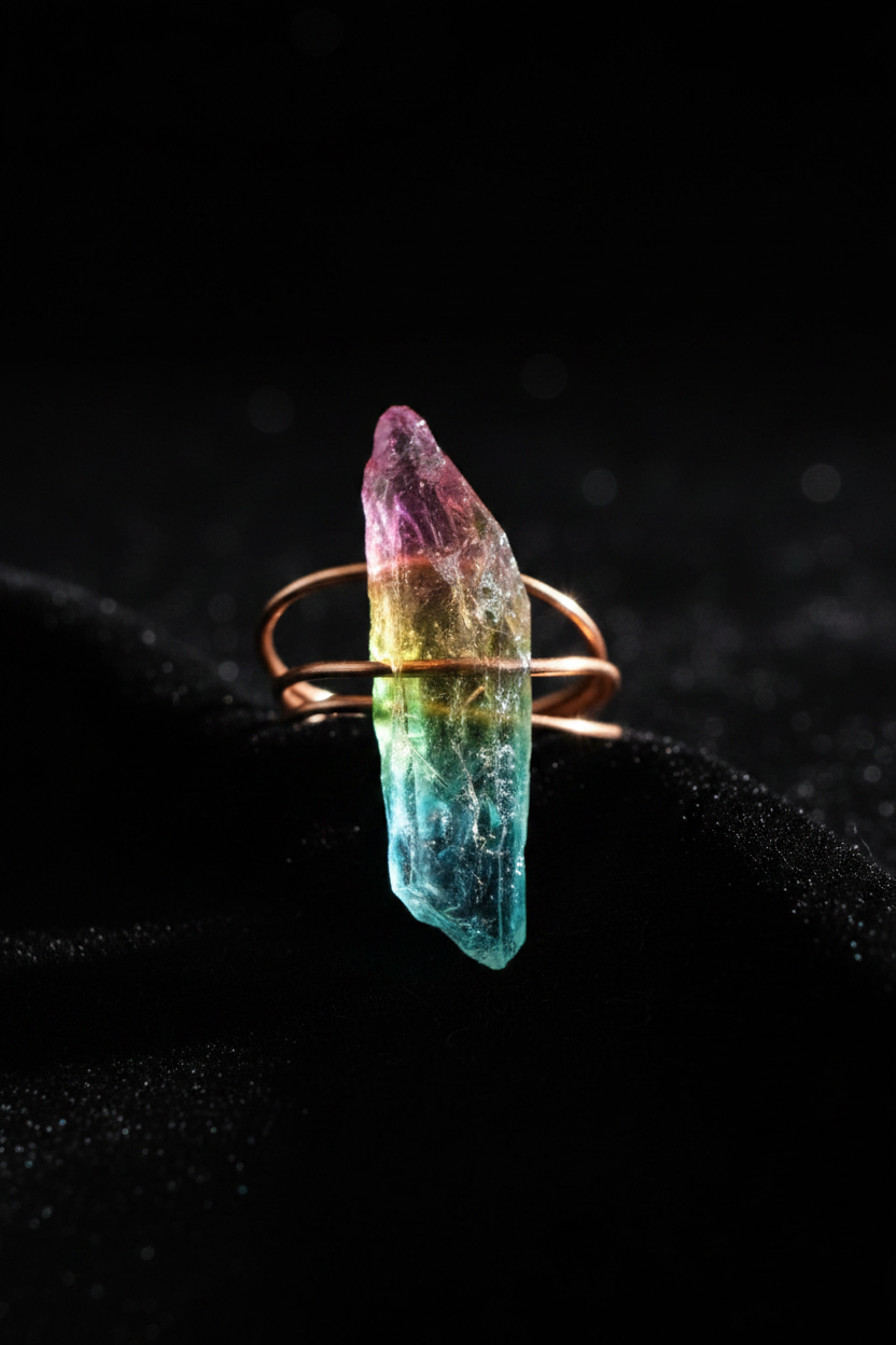 Rainbow Aura Quartz Crystal Ring Copper Wire Wrapped Statement Ring