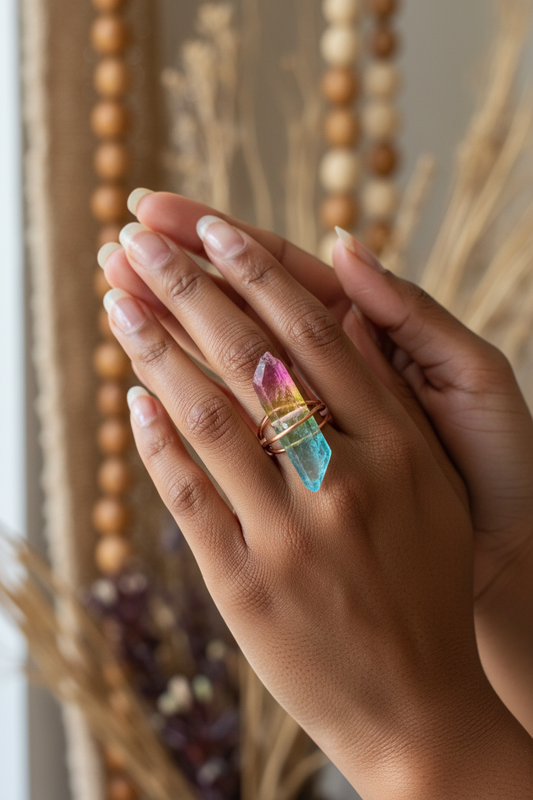 Rainbow Aura Quartz Crystal Ring Copper Wire Wrapped Statement Ring