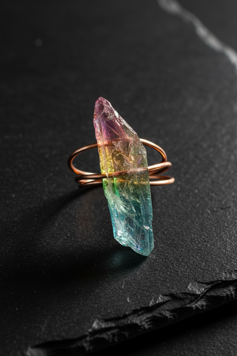 Rainbow Aura Quartz Crystal Ring Copper Wire Wrapped Statement Ring